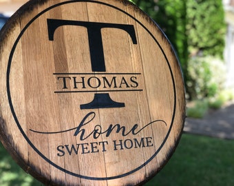 Home sweet home sign | rustic barrel top sign | monogram family name | farmhouse wall decor | home sign | bourbon-whiskey barrel top