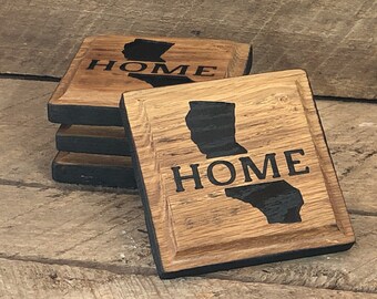 Home State Wood Coaster Set of 4, Custom Engraved with California Home, All 50 States Available, Housewarming Gift, Mother's Day Coaster Set