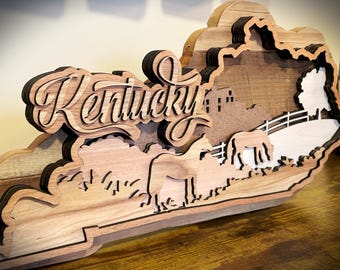 Kentucky Home 3D Layered Hardwood Sign, Rustic Decor Barnwood Sign, Kentucky Horse Lover Gift, KY State Wall Art, Kentucky Home Sign