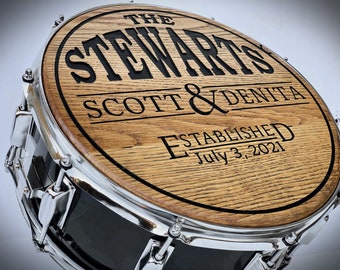 Personalized Snare Drum Wall Art, Engraved Oak Wood Design, Perfect Gift For Drummer, Musician Wedding Gift