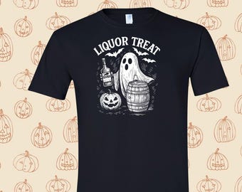 Liquor Treat Halloween Graphic Tee, Bourbon Whiskey Lover Shirt, Spooky Ghost Funny T-shirt, Soft style comfort shirt, Halloween Fun