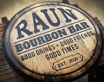 Personalized Bar and Grill Sign Personalized Family Name Vintage Oak Barrel Lid