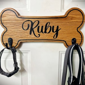 Personalized Solid Oak Dog Leash Holder Organizer, Carved Dog Bone Shape Leash Hanger, Best Dog Lover Gift