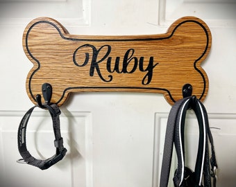 Personalized Solid Oak Dog Leash Holder Organizer, Carved Dog Bone Shape Leash Hanger, Best Dog Lover Gift