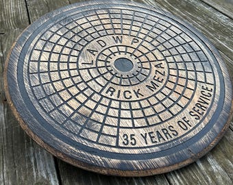 Bourbon Barrel Carved Manhole Cover - 21 Inch Personalized Sewer Cover - Corporate Gift - Retirement Gift - Groomsman Gift - Man Cave Art