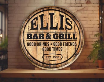 Whiskey Barrel Bar Sign, Carved and Personalized Name and Date, Rustic Bourbon Whiskey Bar Sign, Best Bourbon Lover Gift.