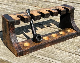 Bourbon Barrel Tobacco Pipe Rack for 6 smoking pipes, Rustic Barrel Stave Pipe Stand holder, Best Gift For Smokers, Tobacco Pipe Stand Rack
