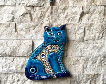 Ceramic Blue Cat Wall Decor, Cat Boho Decor, Outdoor Cat Wall Hanging, Oriental Boho  Wall Art,Blue Cat Decor, Christmas Gifts