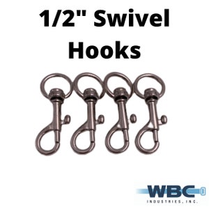 May include: Four silver 1/2 inch swivel hooks. The hooks are made of metal and have a swiveling action. They are commonly used for attaching items to bags, keychains, or other objects.