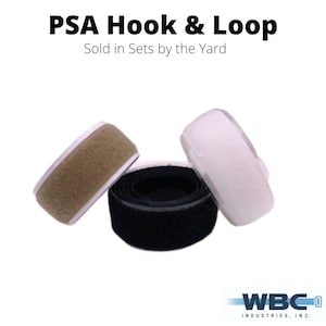 May include: Three rolls of hook and loop tape with adhesive backing. The rolls are brown, black, and white. The text "PSA Hook & Loop" and "Sold in Sets by the Yard" is visible above the rolls. The text "WBC INDUSTRIES, INC." is visible below the rolls.