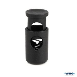 Może przedstawiać: Czarny plastikowy zamek do sznurka z mechanizmem sprężynowym. Zamek do sznurka jest przeznaczony do zabezpieczania sznurków i pasków.