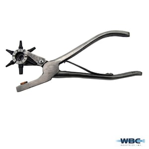 May include: A silver metal punch tool with a rotating head that has six different sized punches. The tool is used for making holes in leather or other materials.