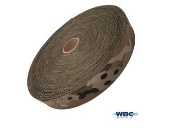 May include: A roll of camouflage-patterned webbing. The webbing is brown, green, and black. The roll is about 1 inch wide.