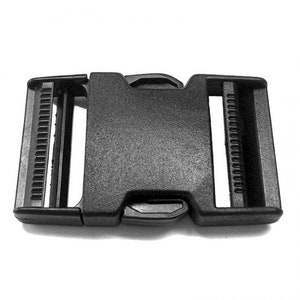 May include: Black plastic buckle with a side release mechanism. The buckle has a textured surface and is designed for use with webbing or straps.
