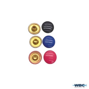 Peut inclure: Six boutons-pression métalliques de différentes couleurs : noir, bleu, rouge et or. Les boutons-pression sont ronds et ont une surface lisse.