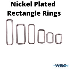 May include: Nickel plated rectangle rings in various sizes. The rings are silver in color and have a smooth finish.