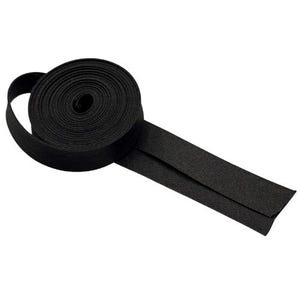 May include: A roll of black bias tape, unspooled to reveal its flat, folded edge. The tape is made of a tightly woven fabric, and the roll is neatly coiled. The background is plain white.