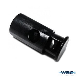 May include: Black plastic toggle cord lock with a round hole and a slot for a cord. The toggle is designed to secure cords and prevent them from unraveling.