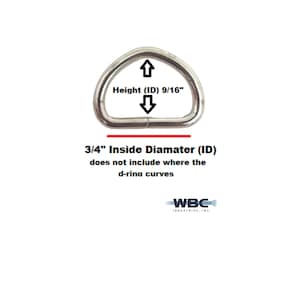 May include: A silver D-ring with a 3/4 inch inside diameter and a 9/16 inch height. The text "Height (ID) 9/16" and "3/4" Inside Diamater (ID) does not include where the d-rina curves" is printed below the D-ring. The text "WBC INDUSTRIES, INC." is printed below the text.