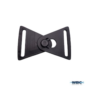 May include: Black plastic buckle with a triangular shape and a small round hole in the center. The buckle is designed to be used with a strap or belt.