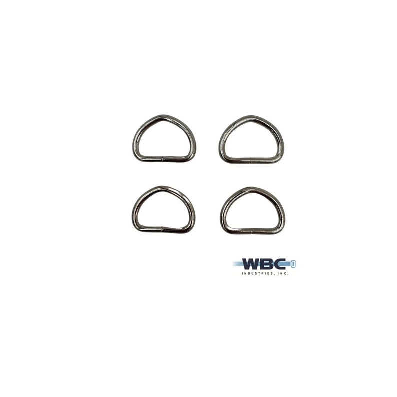 May include: Four silver D-rings, also known as D rings or D-shackles, are arranged in a square pattern on a white background.  WBC Industries, Inc. is printed in black text below the rings.