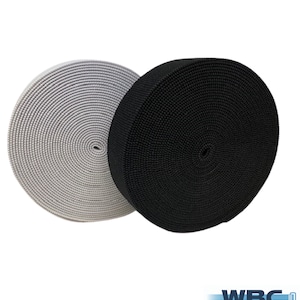 May include: Two rolls of elastic, one white and one black, are coiled up and ready to be used for sewing or crafting projects.