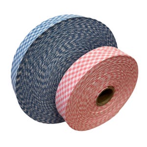 May include: Two spools of fabric ribbon. One spool is navy blue with a white checkered pattern. The other spool is pink with a white checkered pattern. The spools are rolled up and ready for use.