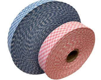 May include: Two spools of fabric ribbon. One spool is navy blue with a white checkered pattern. The other spool is pink with a white checkered pattern. The spools are rolled up and ready for use.