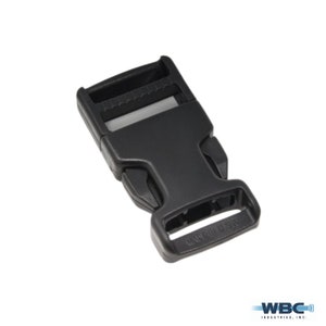 May include: Black plastic side release buckle with a "MADE IN USA" inscription. The buckle is designed for use with webbing or straps.