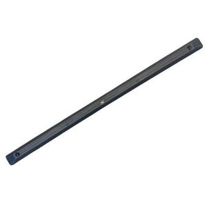 May include: A black, elongated metal bar with a series of parallel grooves running along its length. The bar has two holes at each end and a single circular hole in the middle. The object is set against a white background.