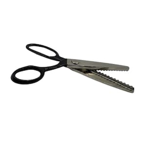 May include: Black handled pinking shears with a silver serrated blade.