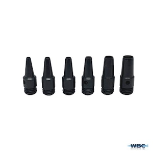 May include: Set of six black metal punch tools with different sized tips. The tips are pointed and have a small hole near the base.