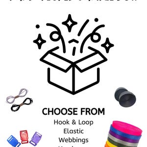 Puede incluir: Una caja de muestra de diversos artículos de costura seleccionados a mano, que incluyen cinta de gancho y bucle, elástico, cintas, herrajes y artículos diversos. Elige entre una variedad de colores y estilos.