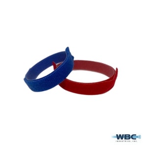 May include: Two cable ties, one blue and one red, are shown in a close-up image. The ties are made of hook and loop material and are designed to bundle and organise cables.
