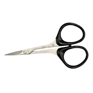 May include: A pair of small, stainless steel scissors with black handles. The scissors have a pointed tip and are designed for precision cutting. The handles are oval-shaped for comfortable grip. The scissors are likely used for crafting or sewing.