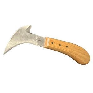 May include: A curved pruning knife with a stainless steel blade and a wooden handle. The blade has a hooked tip and the handle is light brown with three small rivets. The knife is designed for trimming plants and branches.