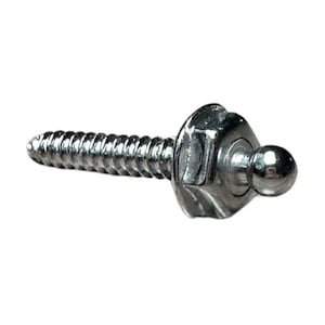 May include: A shiny, silver screw with a threaded shaft and a decorative head. The head features a hexagonal shape and a small, round ball at the end. The screw is designed for fastening and decorative purposes.