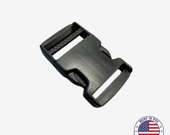May include: Black plastic side release buckle. The buckle is designed for use with webbing or straps.