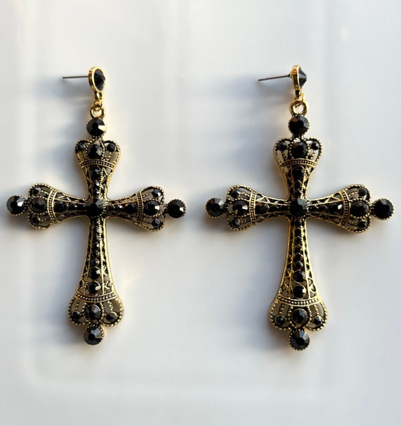 Victoria Large Gold Statement Gothic Cross Earrings Gifts for Her