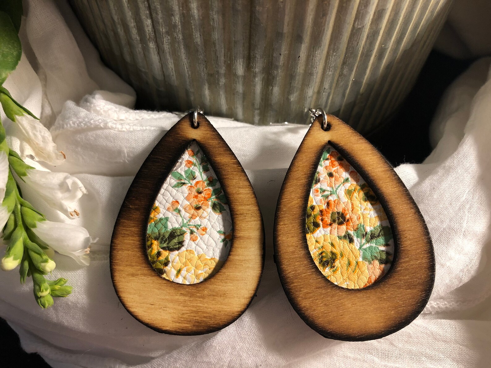 Wood Framed Faux Leather Earrings Etsy