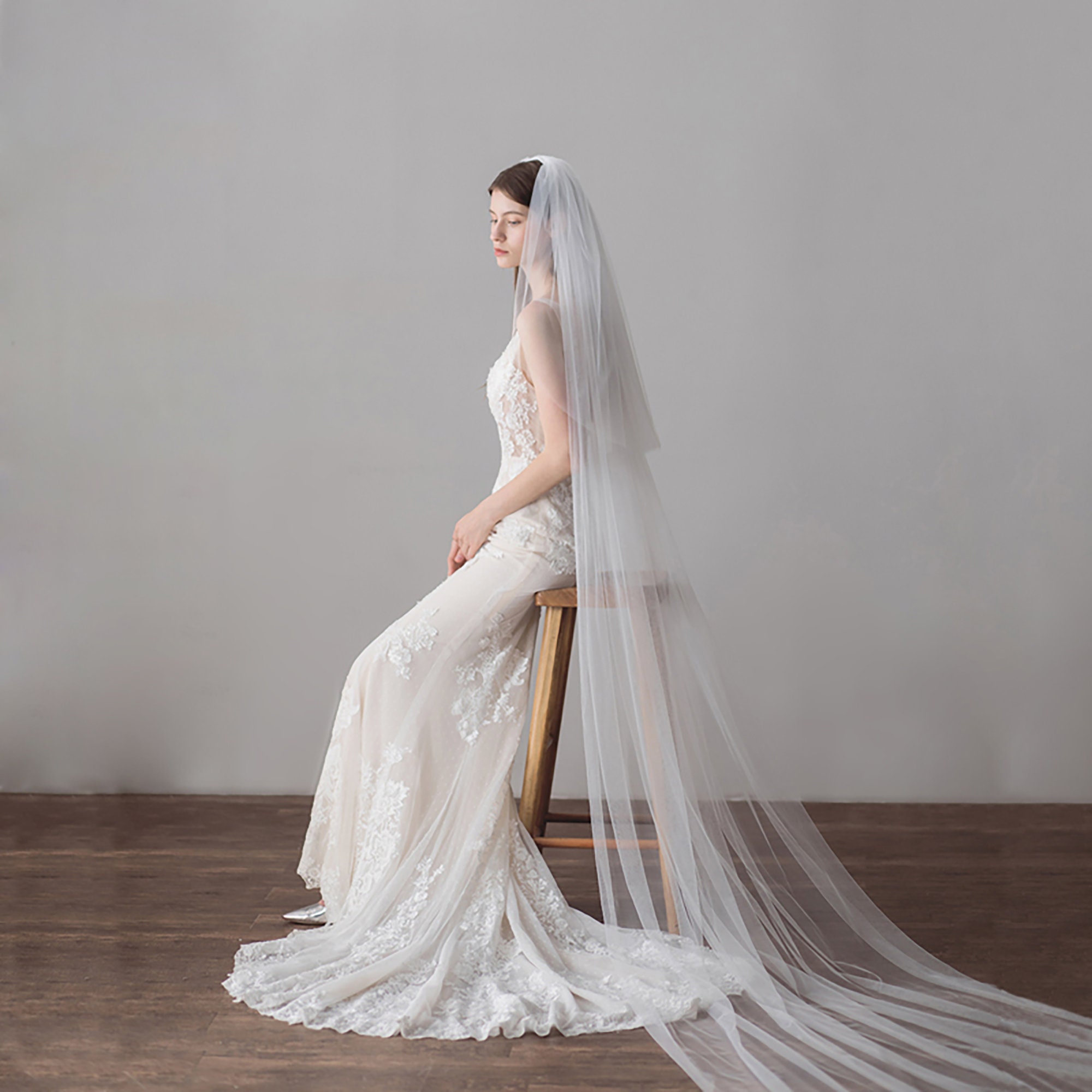 Plain Cathedral Length Tulle Veil - Charlie Veil — Loulette Bride