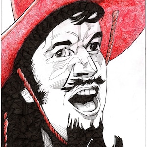 Pode incluir: Uma ilustração em preto e branco de um homem com um chapéu vermelho e um grande bigode e barba. O homem está vestindo uma camisa vermelha e tem uma expressão de surpresa no rosto. A ilustração é assinada "Brian Ashley Jacobs 2022".