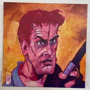 Puede incluir: Una pintura de un hombre con cabello rojo y una expresión seria. Lleva una camisa azul y sostiene una pistola. El fondo es de color amarillo y naranja.