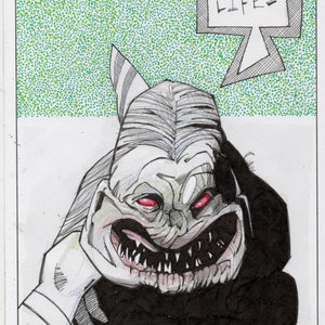 May include: Black and white illustration of a creature with a large mouth and sharp teeth. The creature has red eyes and is drawn in a cartoon style. The text "KELP LIFE!" is in a speech bubble above the creature.