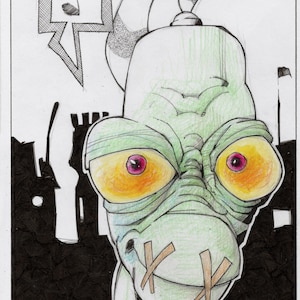 Puede incluir: Un extraterrestre verde con grandes ojos naranjas y una boca cosida. El extraterrestre tiene una cola rayada y lleva una camisa blanca. La imagen está dibujada en blanco y negro con acentos de color.