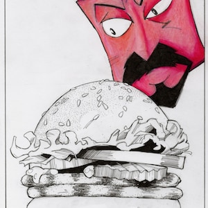 May include: A black and white illustration of a hamburger with lettuce, tomato, and a sesame seed bun. A red and white cartoon character with french fries on its head is looking down at the hamburger.