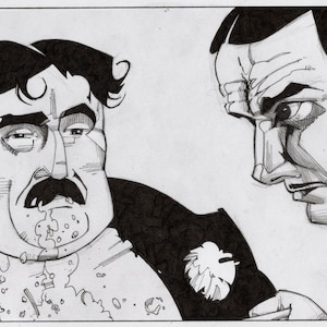 May include: Black and white line drawing of two men. The man on the left has a moustache and is wearing a suit jacket. The man on the right is looking down at the man on the left. The drawing is signed "Frank Auclair Artist 2013".