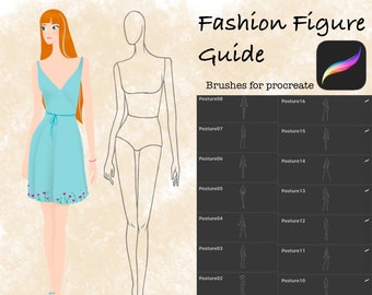 Könnte beinhalten: Ein Satz von 30 Mode-Figuren-Stempeln für Procreate, mit verschiedenen Posen zum Erstellen von Modeillustrationen. Die Stempel sind in einem Raster angeordnet, mit dem Text "Fashion Figure Guide" und "Brushes for Procreate" oben.
