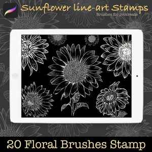 May include: A digital tablet screen displaying 20 black and white line art sunflower stamps. The text "Sunflower line-art Stamps" and "Brushes for procreate" is displayed at the top of the screen. The text "20 Floral Brushes Stamp" is displayed at the bottom of the screen.