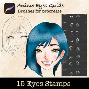May include: A digital illustration of an anime character with blue hair and green eyes. The character is smiling and has a light pink blush on their cheeks. The image also includes a set of 15 anime eye stamps for Procreate, with different expressions and styles.